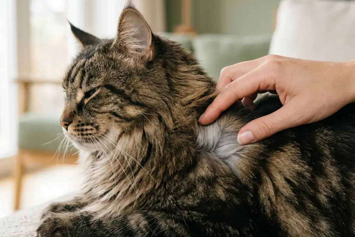 Maine Coon being gently parted at the shoulder showing dense undercoat versus muscle, hand visible holding fur back