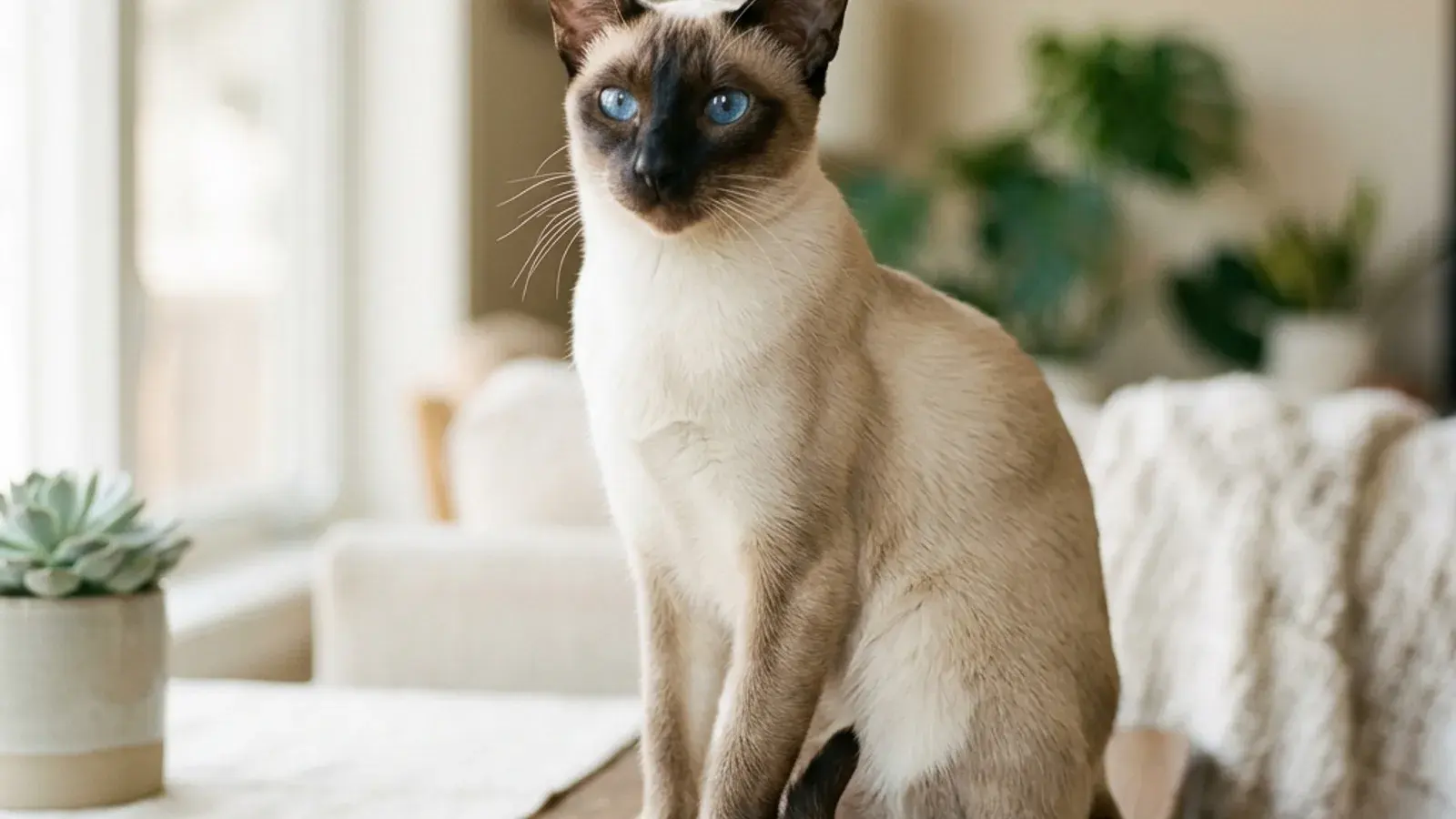 Adult seal-point Siamese cat with sleek slender body and almond-shaped blue eyes sitting on a teak side table