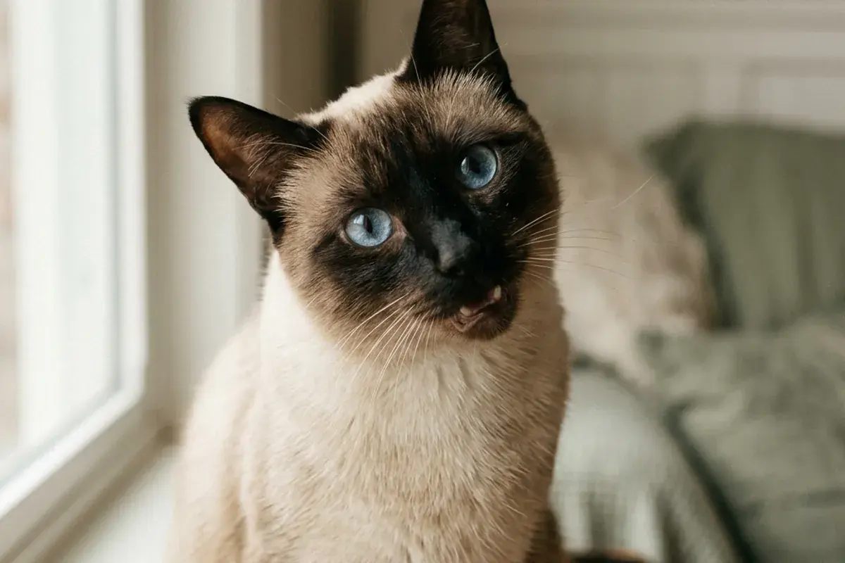 Siamese cat with mouth slightly open as if mid-meow, head tilted to one side