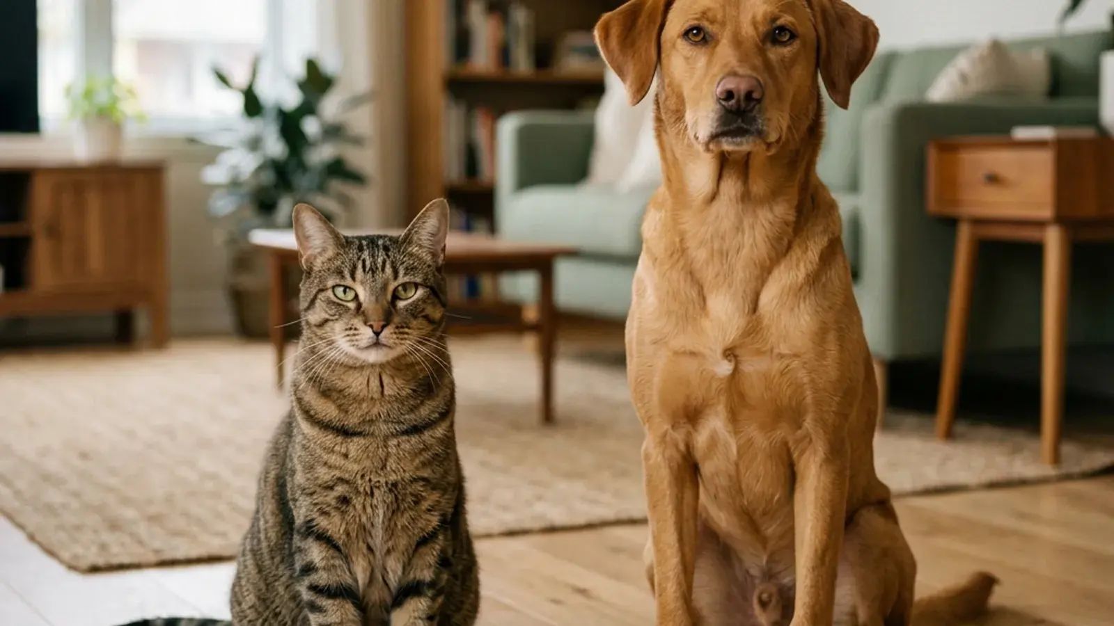 Adult tabby cat and golden adult dog sitting side by side on a light oak floor, both at healthy body condition
