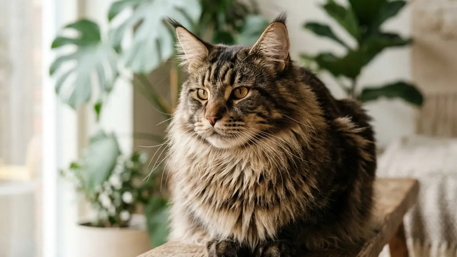 Large adult Maine Coon cat with brown tabby coat and tufted ears sitting on a wide wooden plank, lion-like ruff visible